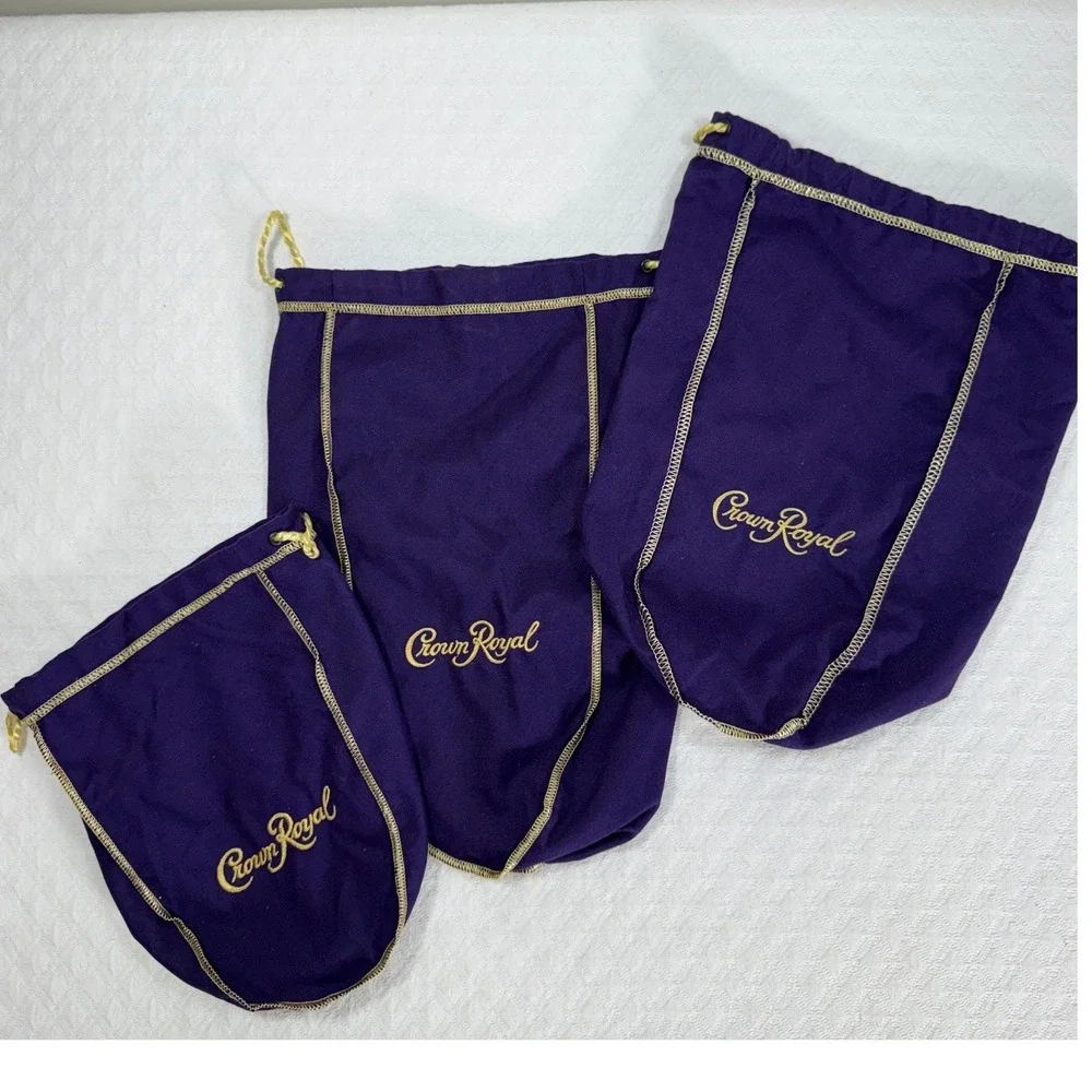 Crown Royal Purple Drawstring Bags Set of 3 Gold Embroidery Storage Pouches